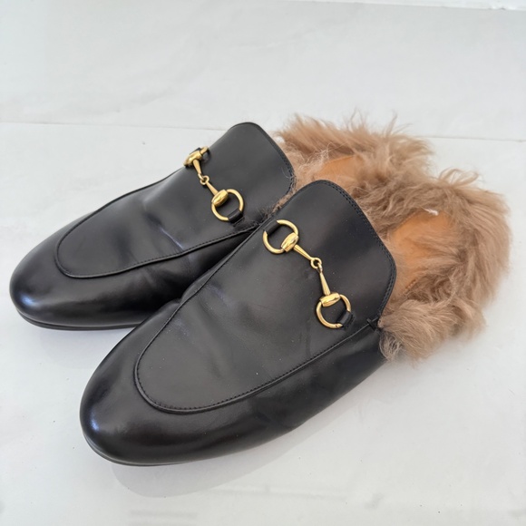 Gucci Princetown Black Leather Fur Lined Slides Shoes Mules - Picture 1 of 6